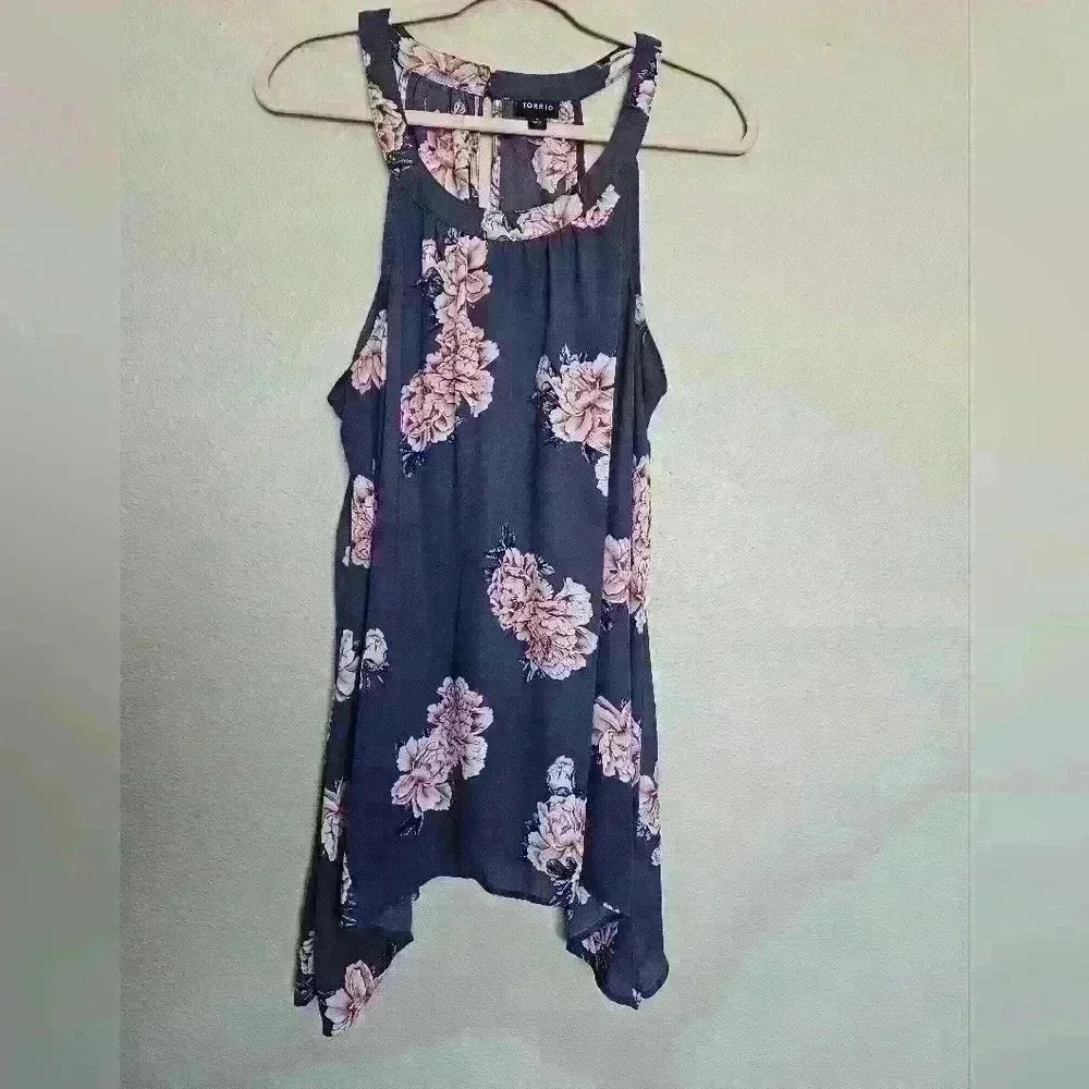 Blouse Blue Floral Georgette Tank Top Asymmetric Hem Tunic